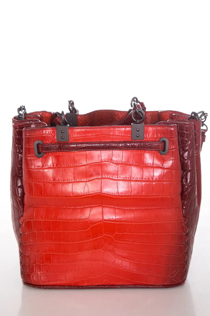 Bottega Veneta Red Vesuvio Croc Bucket Shoulder Bag