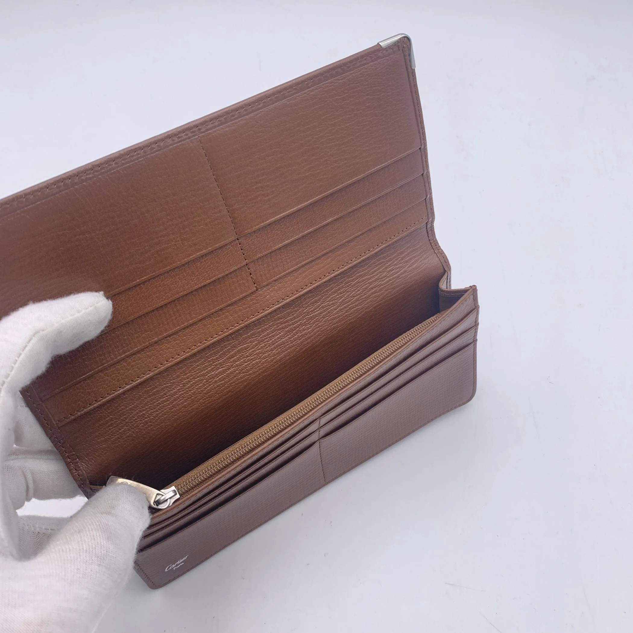 Cartier Brown Leather Embossed Logo Bifold Long Wallet Coin Purse