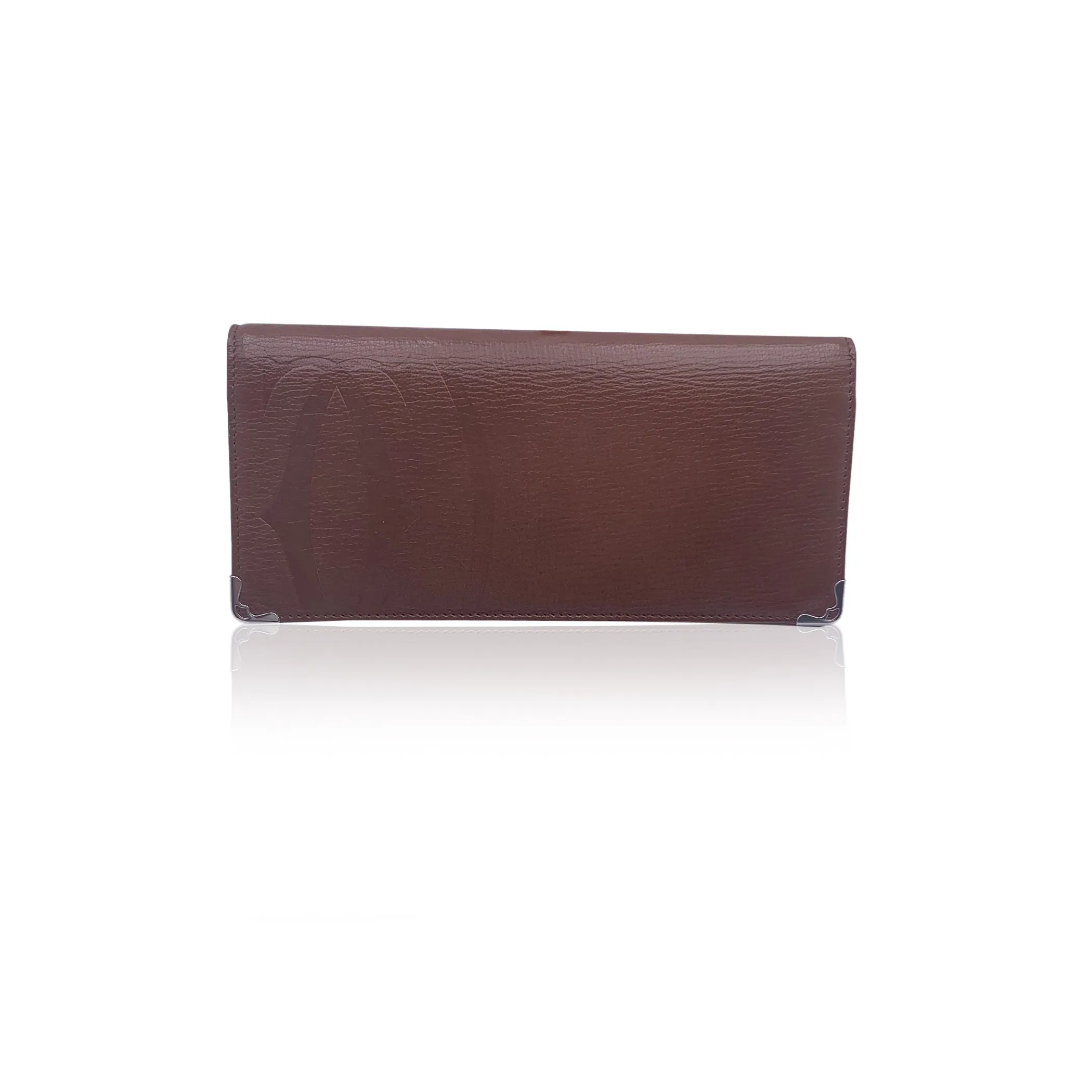 Cartier Brown Leather Embossed Logo Bifold Long Wallet Coin Purse