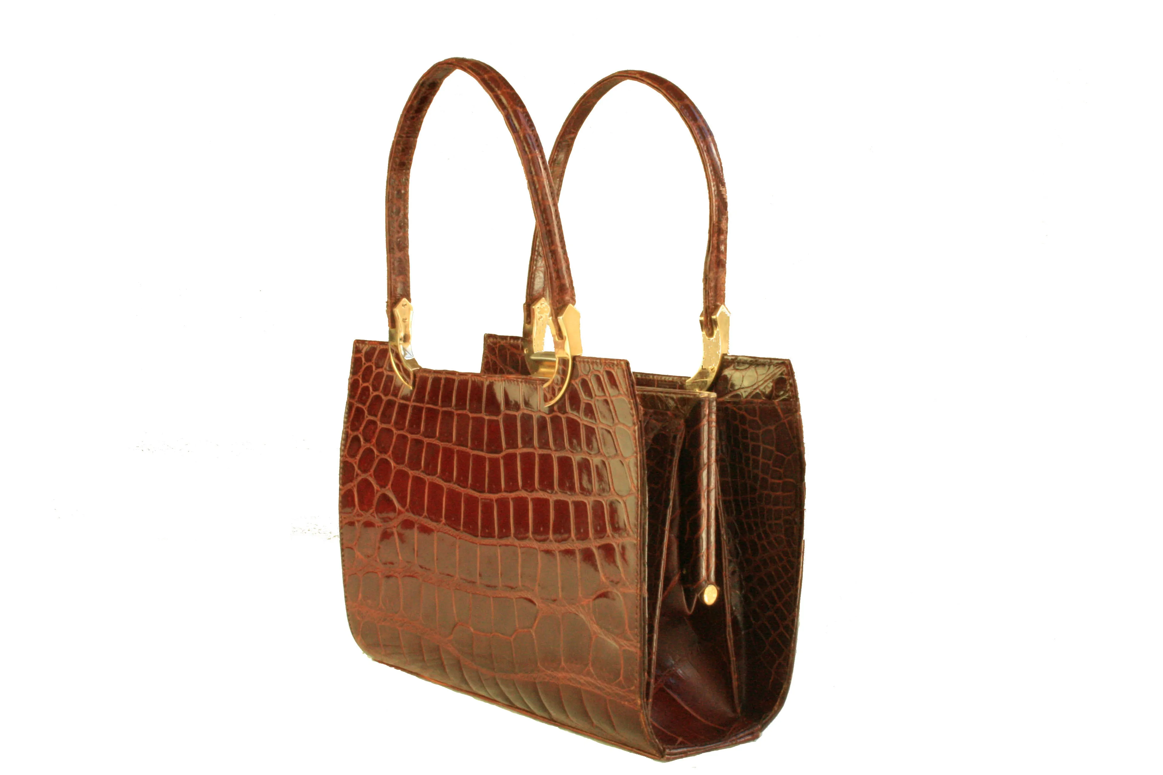 Crocodile skin frame handbag with twin handle