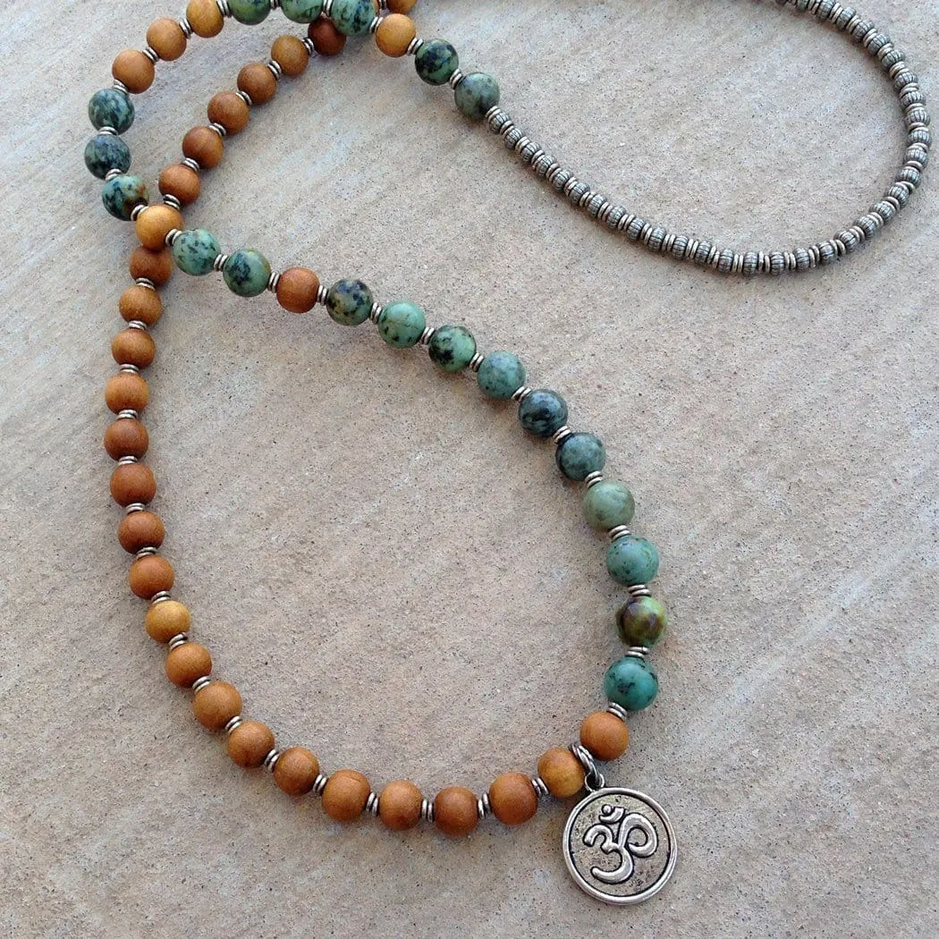 Healing and Change, Sandalwood and African Turquoise 54 Beads Mala Bracelet Or Necklace