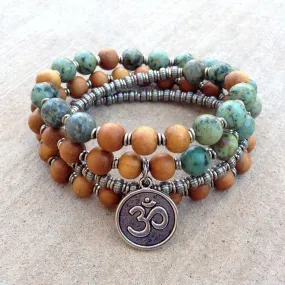 Healing and Change, Sandalwood and African Turquoise 54 Beads Mala Bracelet Or Necklace