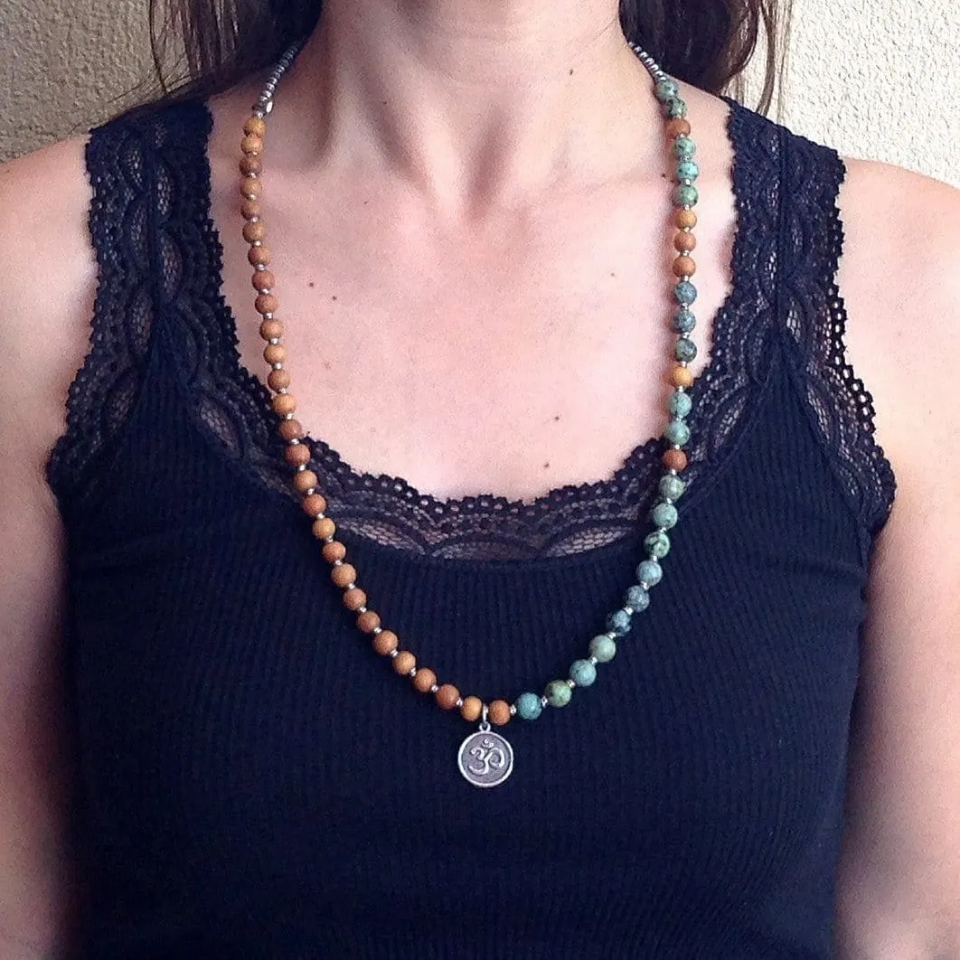 Healing and Change, Sandalwood and African Turquoise 54 Beads Mala Bracelet Or Necklace