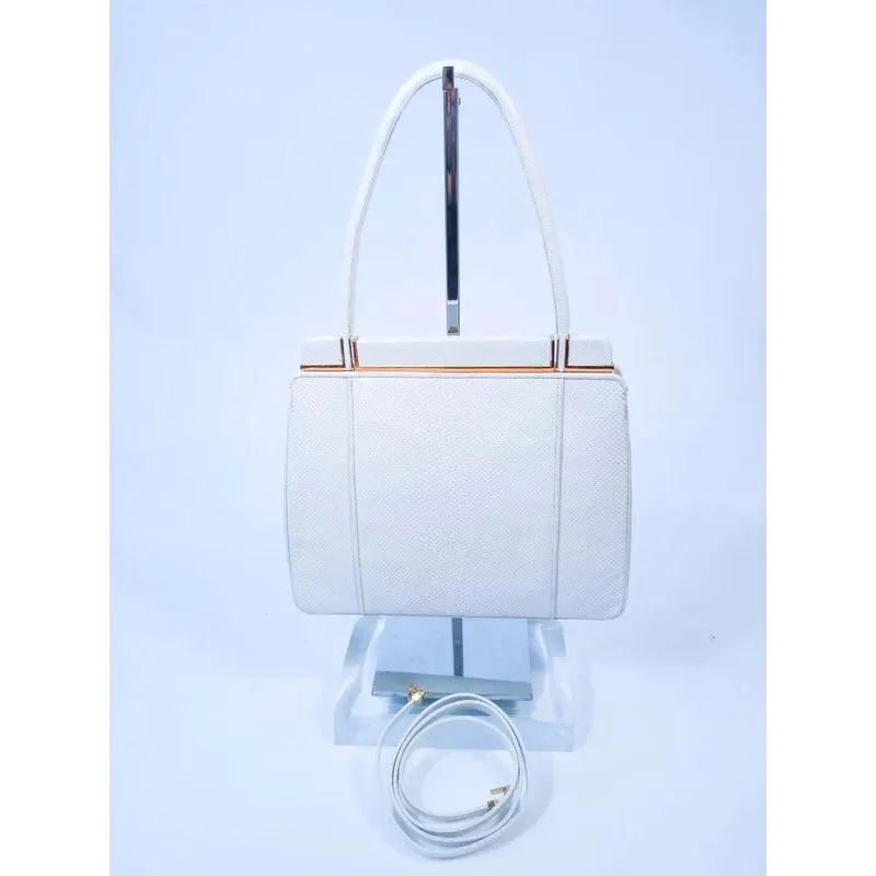 JUDITH LEIBER White Lizard Handle Goldtone Hardware Strap Purse